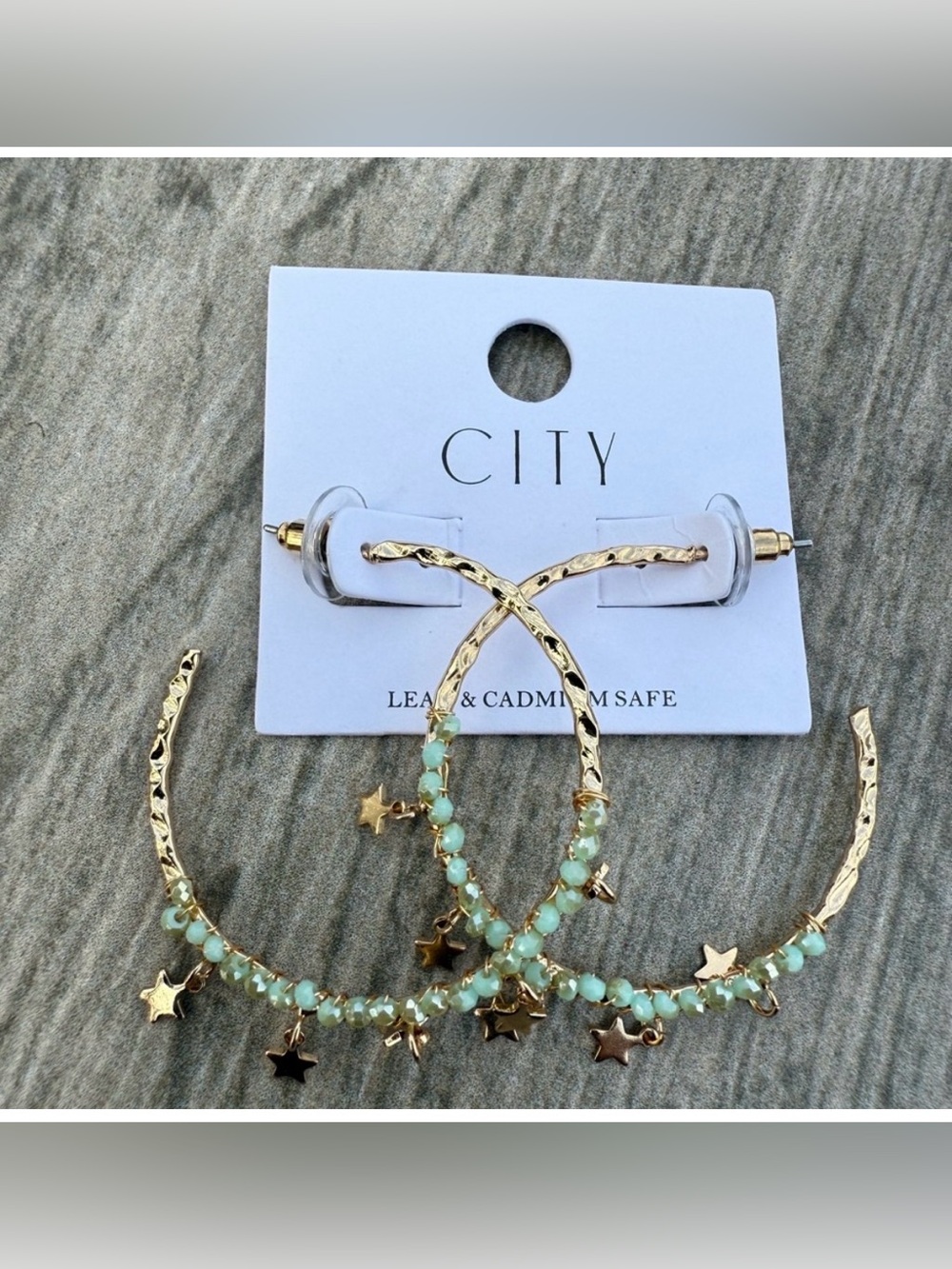 City Chic Gold Hoop Earrings with Mint Beads and Star Charms